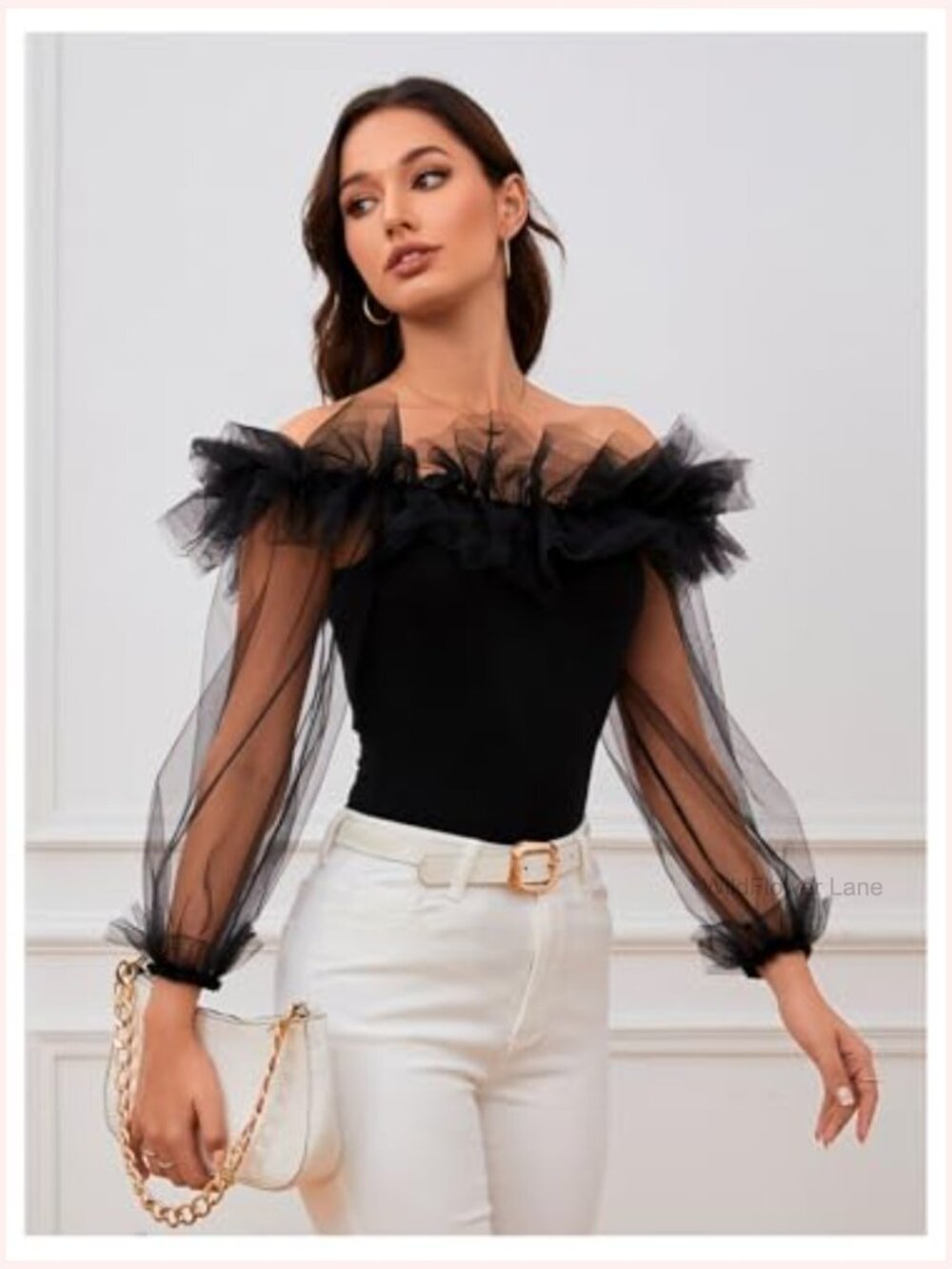Ruffle Off Shoulder Blouse Mesh Puff Sleeve Party Top Fitted Tee - Picture 3 of 7